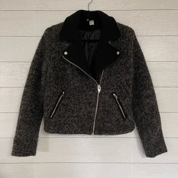 Grey fuzzy wool winter moto style jacket - Picture 2 of 10